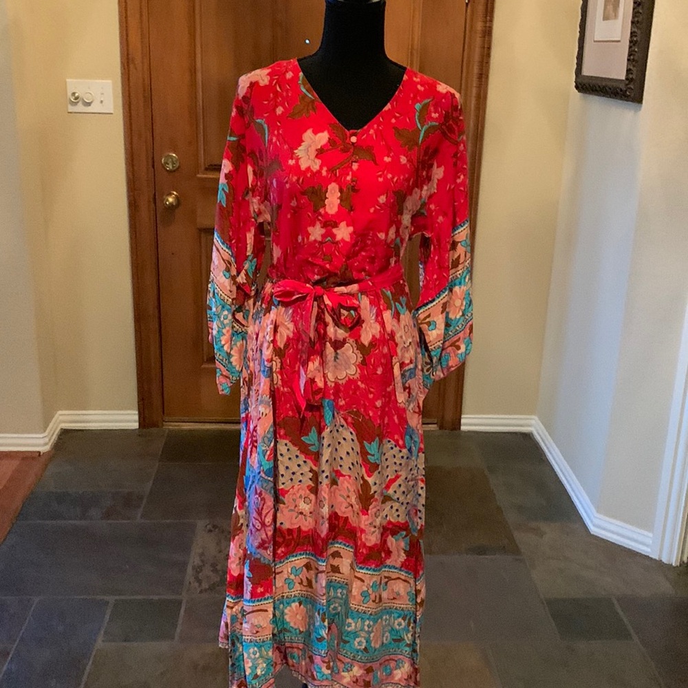 Red, Multi Print Dress With Looped Button Closure… - image 1